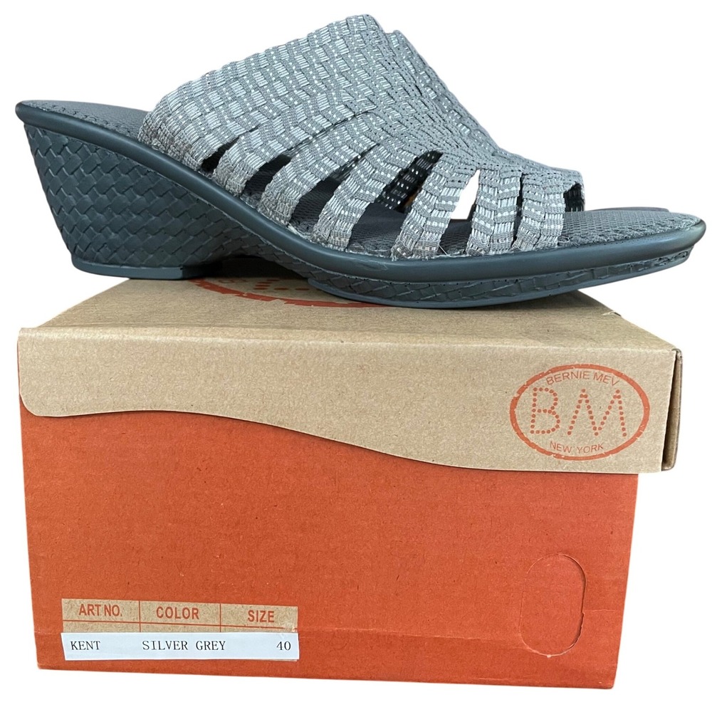 NEW Bernie Mev Kent Wedge Sandals Silver Grey Woven Elastic Comfort US 9 EU‎ 40